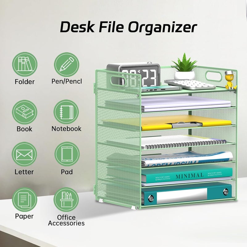 ReePlan 7 Tier Paper Organizer - Mesh Desktop File Holder with Handles for Office School Desk, Black (Mint green) - Image 3